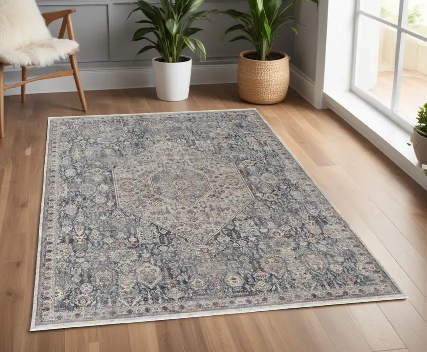 Blue and Ivory Floral Power Loom Area Rug Photo 1
