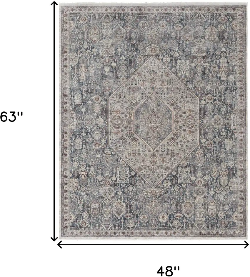 Blue and Ivory Floral Power Loom Area Rug Photo 3
