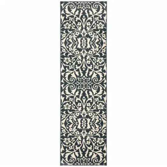 Blue And Ivory Floral Power Loom Stain Resistant Runner Rug Photo 1