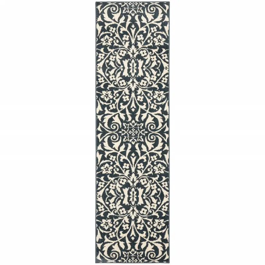 Blue And Ivory Floral Power Loom Stain Resistant Runner Rug Photo 1