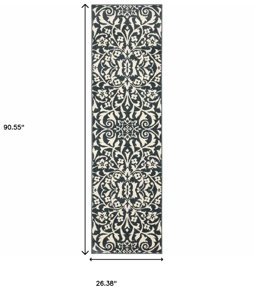 Blue And Ivory Floral Power Loom Stain Resistant Runner Rug Photo 7