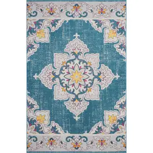 Photo of Blue And Ivory Floral Stain Resistant Indoor Outdoor Area Rug