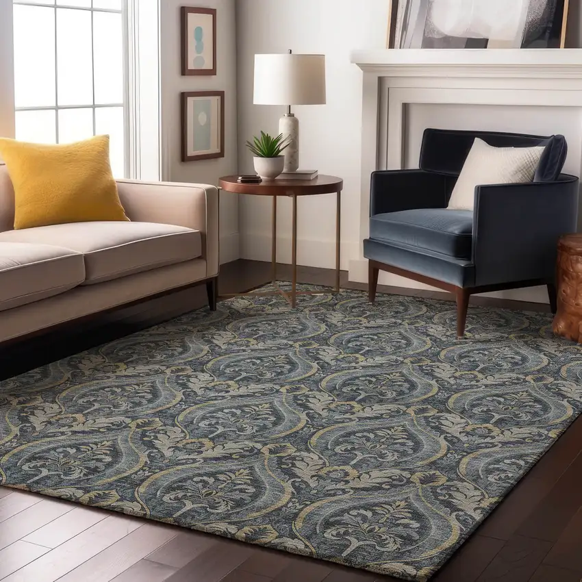 Blue And Ivory Floral Washable Area Rug With UV Protection Photo 4