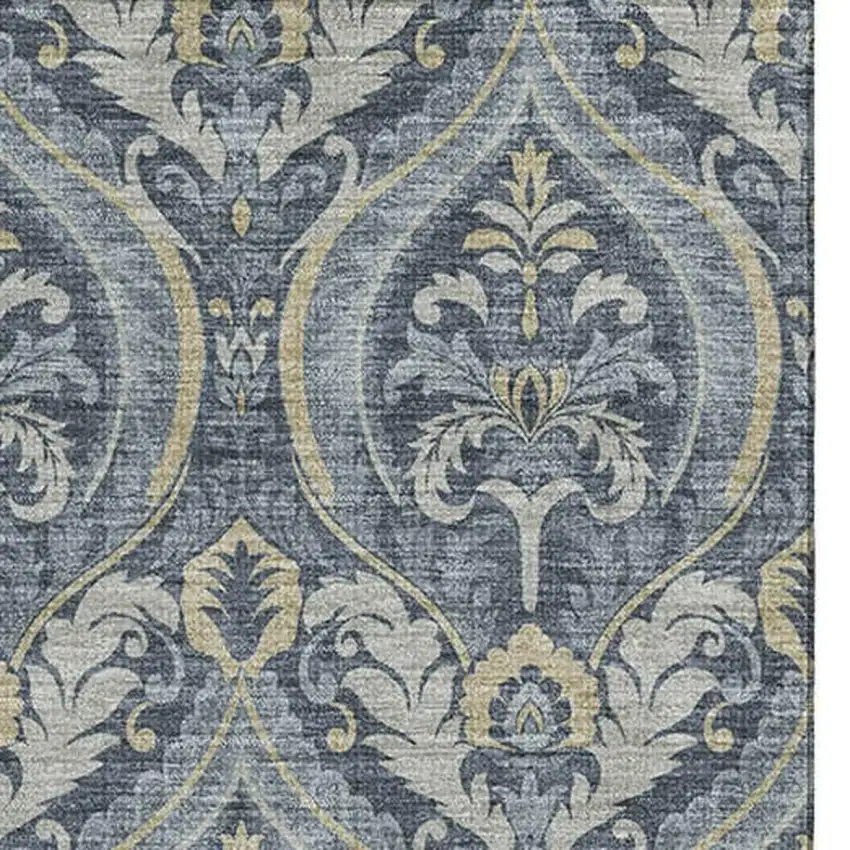 Blue And Ivory Floral Washable Area Rug With UV Protection Photo 2