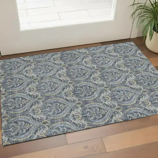 Blue And Ivory Floral Washable Area Rug With UV Protection Photo 1