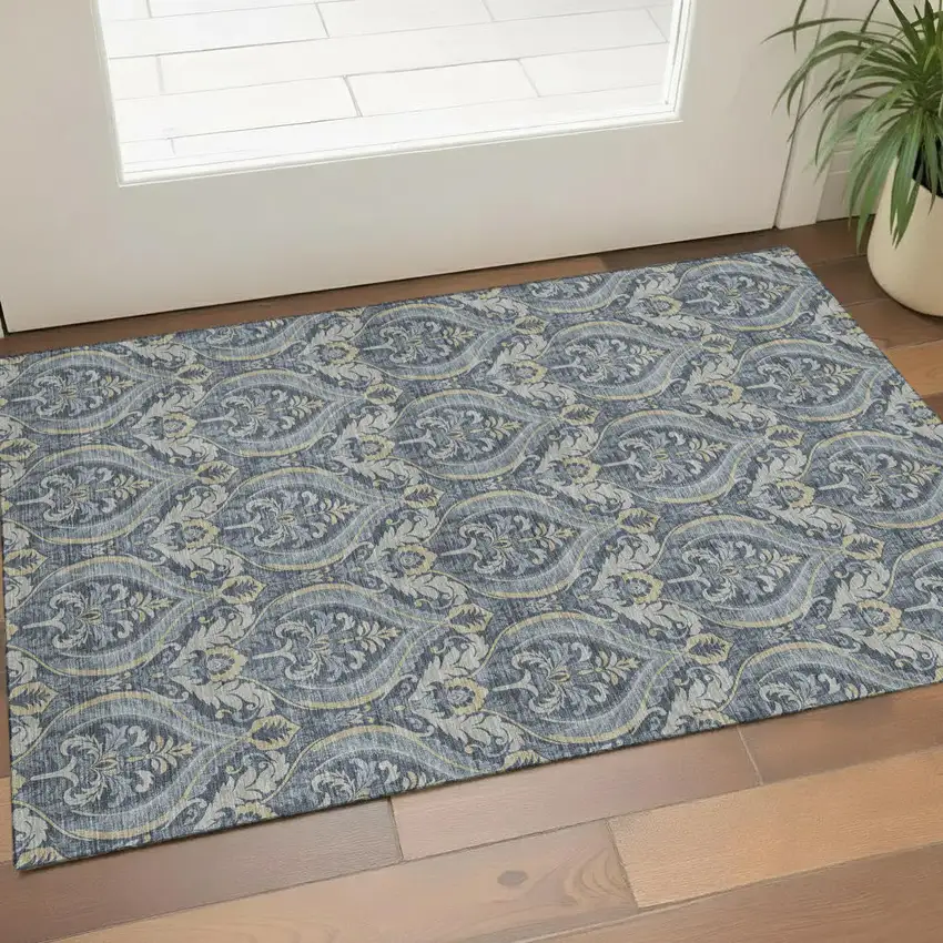 Blue And Ivory Floral Washable Area Rug With UV Protection Photo 1