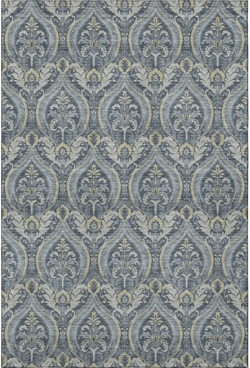 Blue And Ivory Floral Washable Area Rug With UV Protection Photo 3