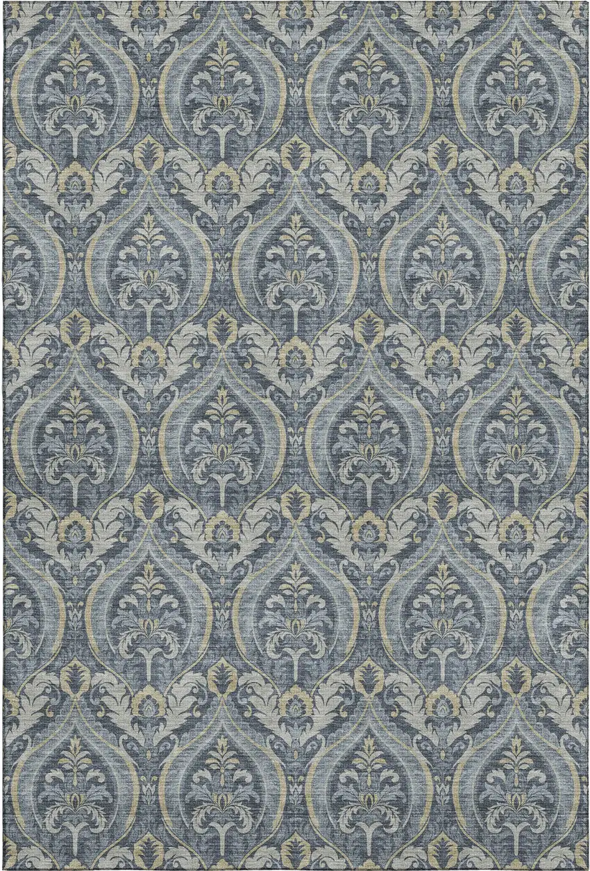 Blue And Ivory Floral Washable Area Rug With UV Protection Photo 1