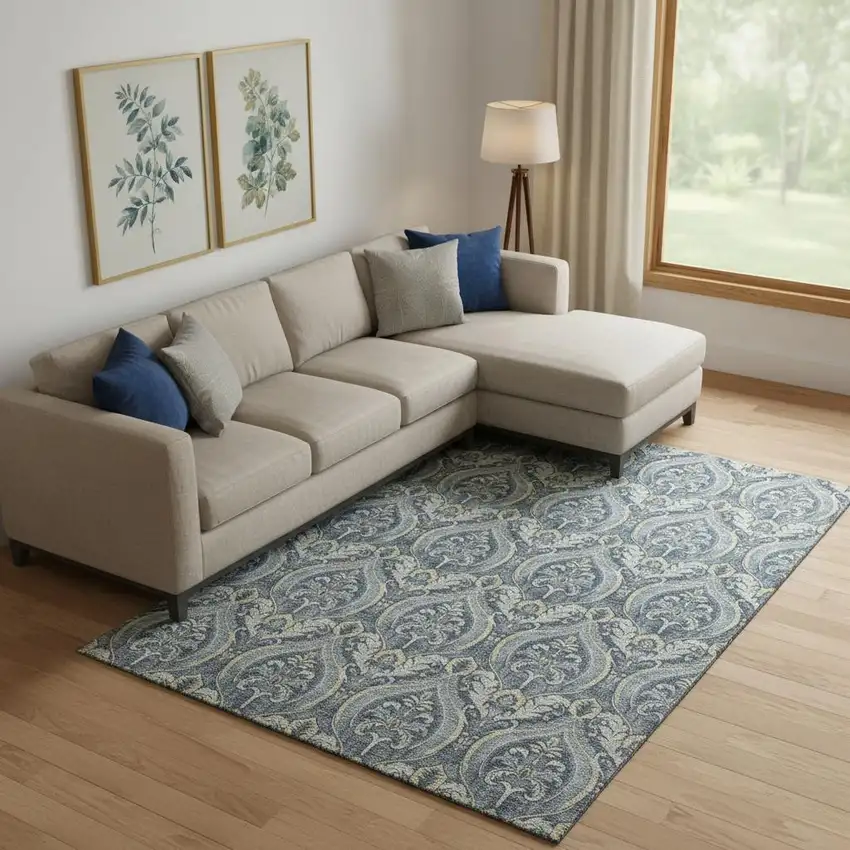 Blue And Ivory Floral Washable Area Rug With UV Protection Photo 1