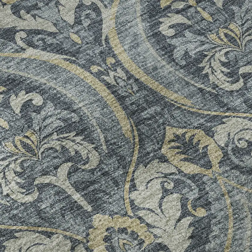 Blue And Ivory Floral Washable Area Rug With UV Protection Photo 9