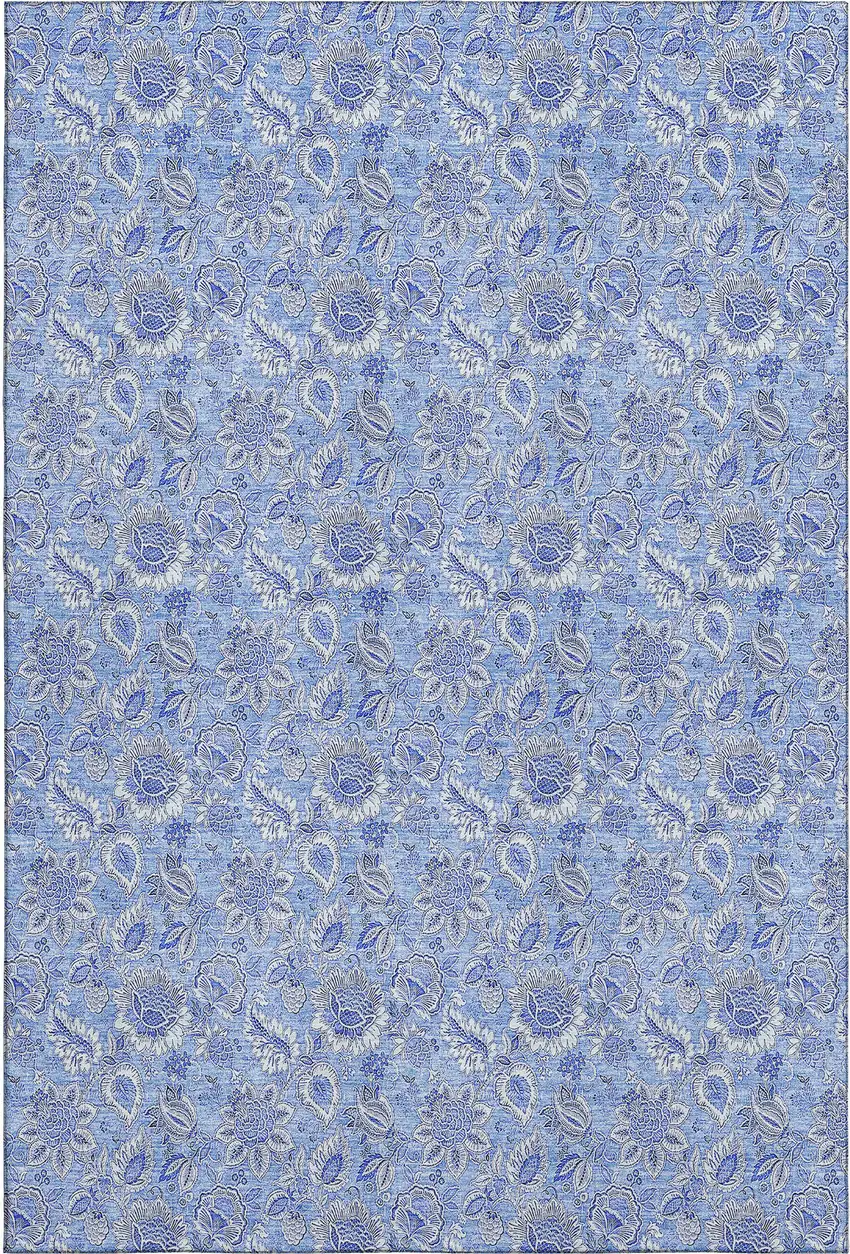 Blue And Ivory Floral Washable Area Rug With UV Protection Photo 1