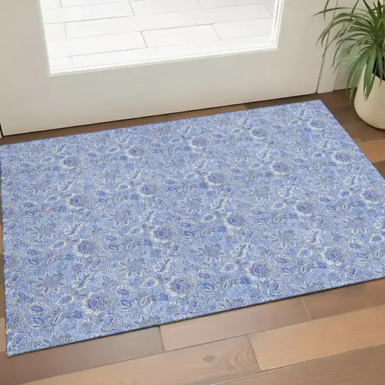 Blue And Ivory Floral Washable Area Rug With UV Protection Photo 1