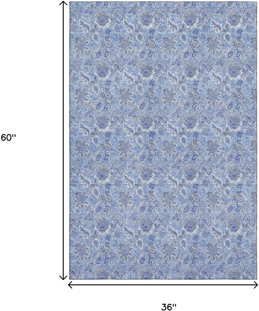 Blue And Ivory Floral Washable Area Rug With UV Protection Photo 3