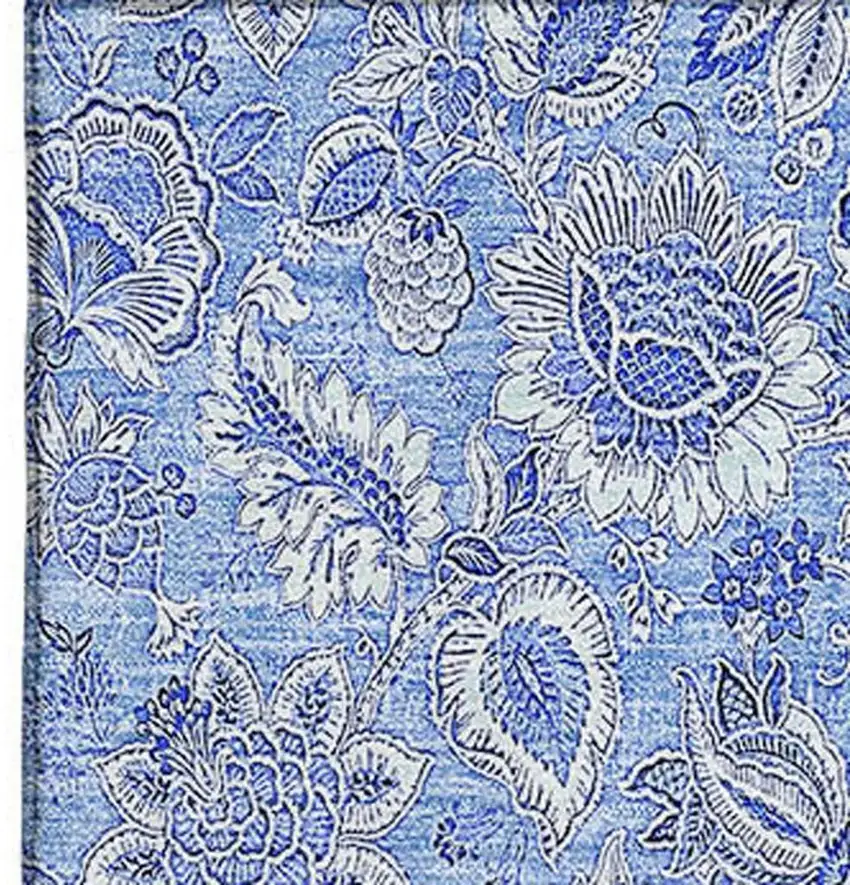 Blue And Ivory Floral Washable Area Rug With UV Protection Photo 3