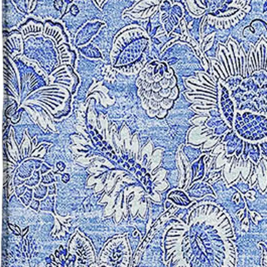 Blue And Ivory Floral Washable Area Rug With UV Protection Photo 2