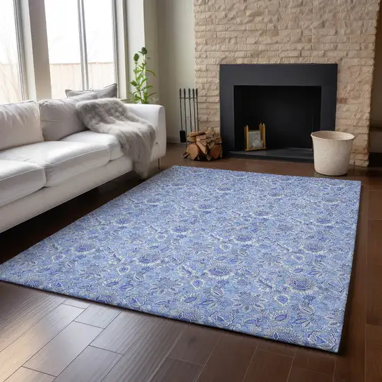 Blue And Ivory Floral Washable Area Rug With UV Protection Photo 5