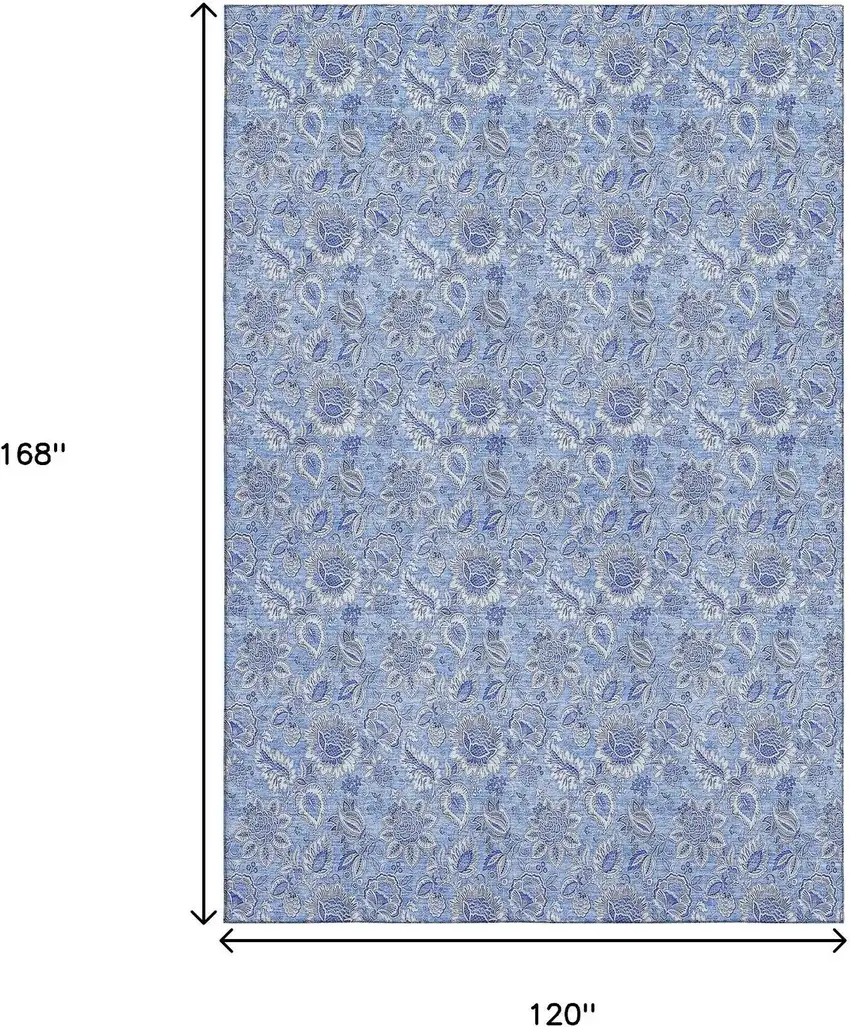Blue And Ivory Floral Washable Area Rug With UV Protection Photo 9