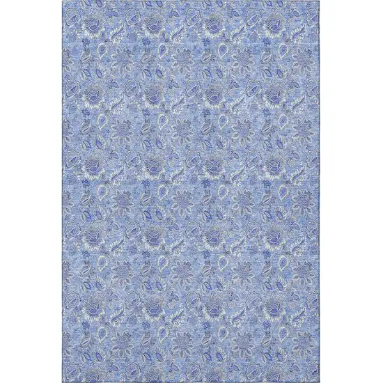 Blue And Ivory Floral Washable Area Rug With UV Protection Photo 2