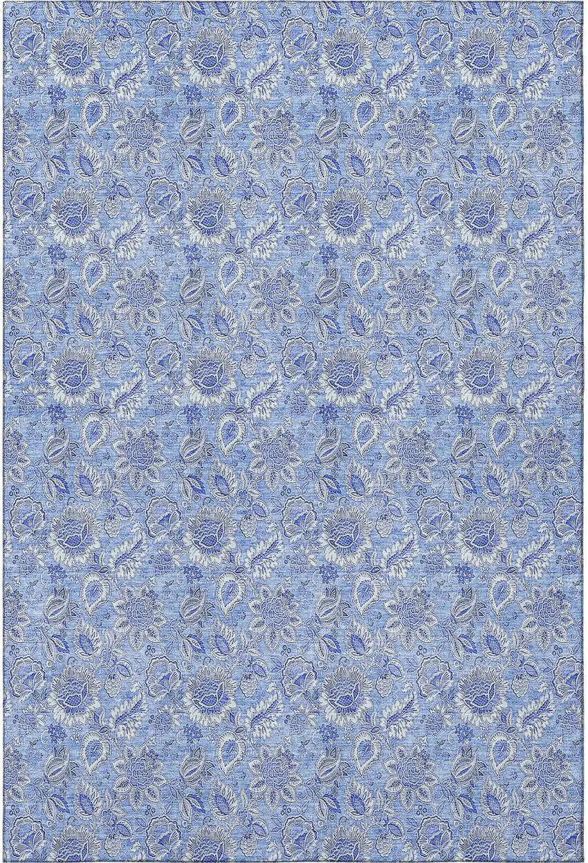 Blue And Ivory Floral Washable Area Rug With UV Protection Photo 2