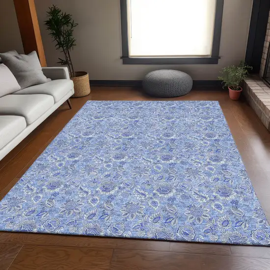 Blue And Ivory Floral Washable Area Rug With UV Protection Photo 3