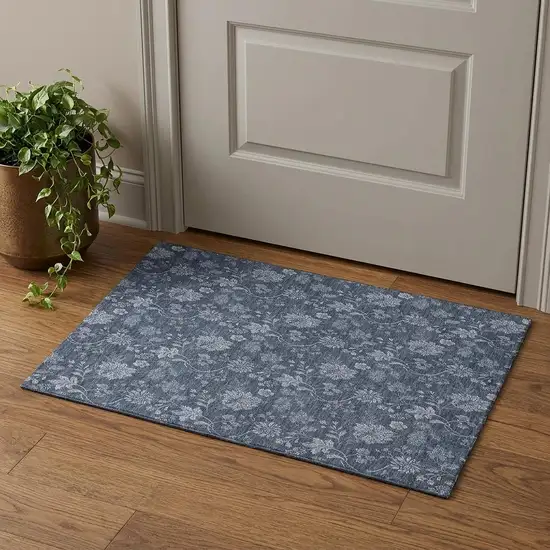 Blue And Ivory Floral Washable Area Rug With UV Protection Photo 1