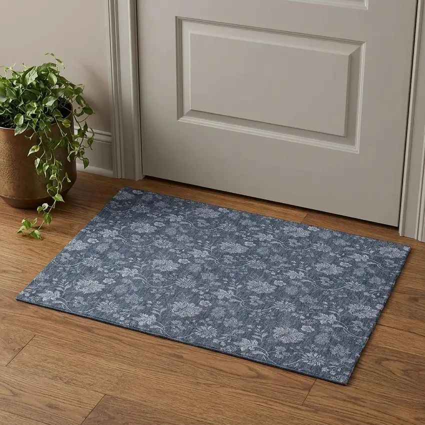 Blue And Ivory Floral Washable Area Rug With UV Protection Photo 1