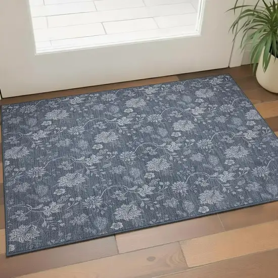 Blue And Ivory Floral Washable Area Rug With UV Protection Photo 1