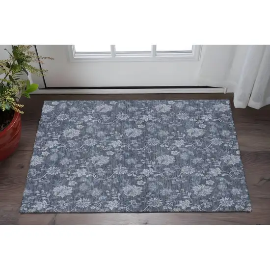 Blue And Ivory Floral Washable Area Rug With UV Protection Photo 2