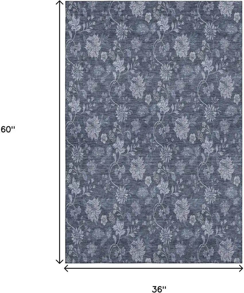 Blue And Ivory Floral Washable Area Rug With UV Protection Photo 6