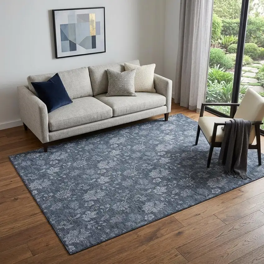 Blue And Ivory Floral Washable Area Rug With UV Protection Photo 1