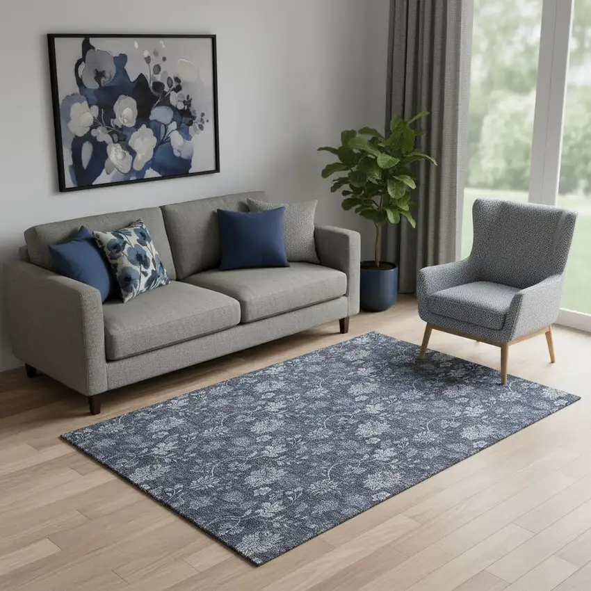 Blue And Ivory Floral Washable Area Rug With UV Protection Photo 1