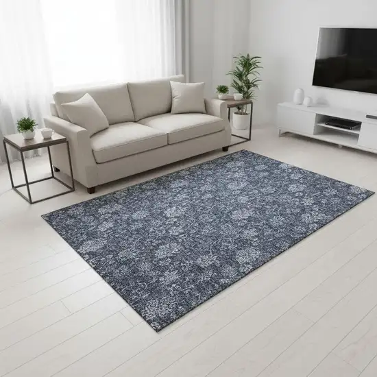 Blue And Ivory Floral Washable Area Rug With UV Protection Photo 1