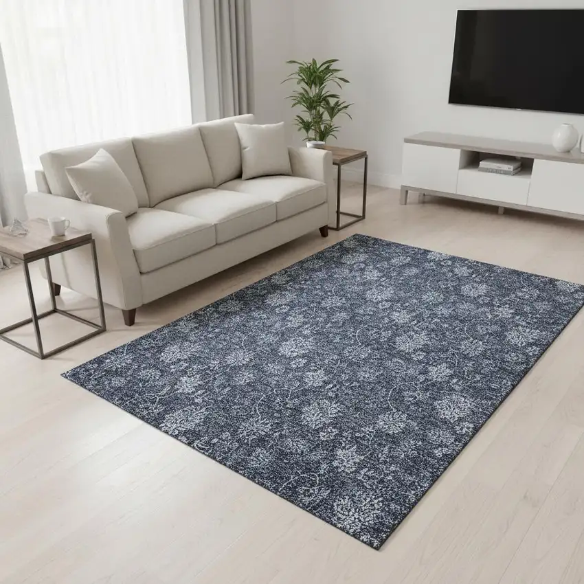 Blue And Ivory Floral Washable Area Rug With UV Protection Photo 3