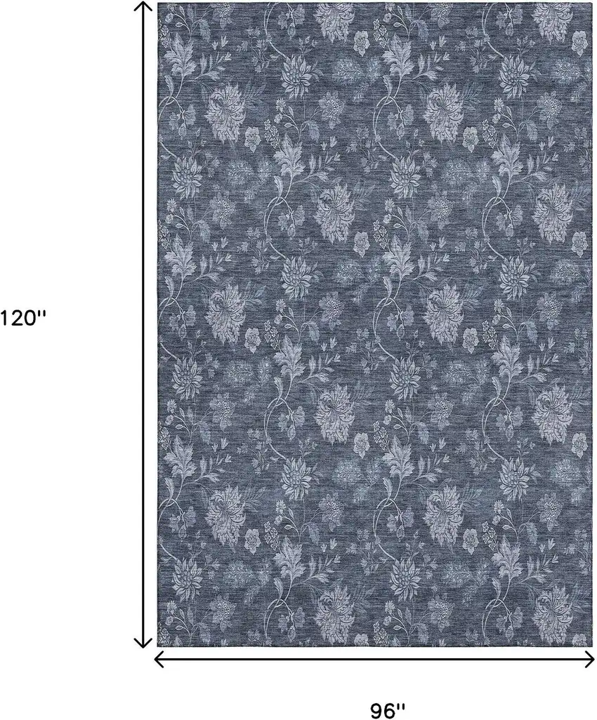 Blue And Ivory Floral Washable Area Rug With UV Protection Photo 3