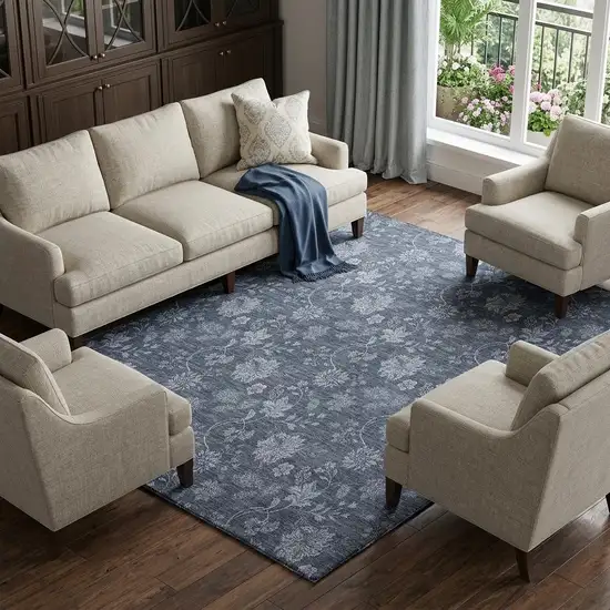 Blue And Ivory Floral Washable Area Rug With UV Protection Photo 1