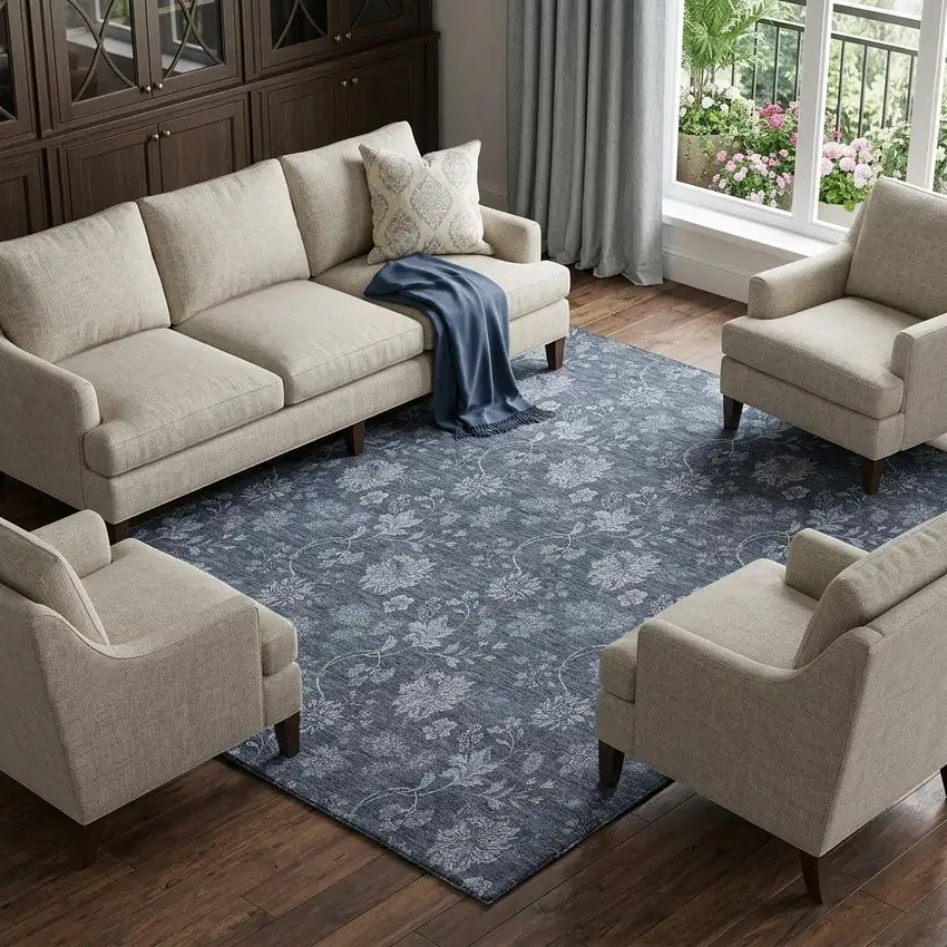 Blue And Ivory Floral Washable Area Rug With UV Protection Photo 1