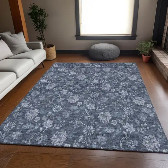 Blue And Ivory Floral Washable Area Rug With UV Protection Photo 4