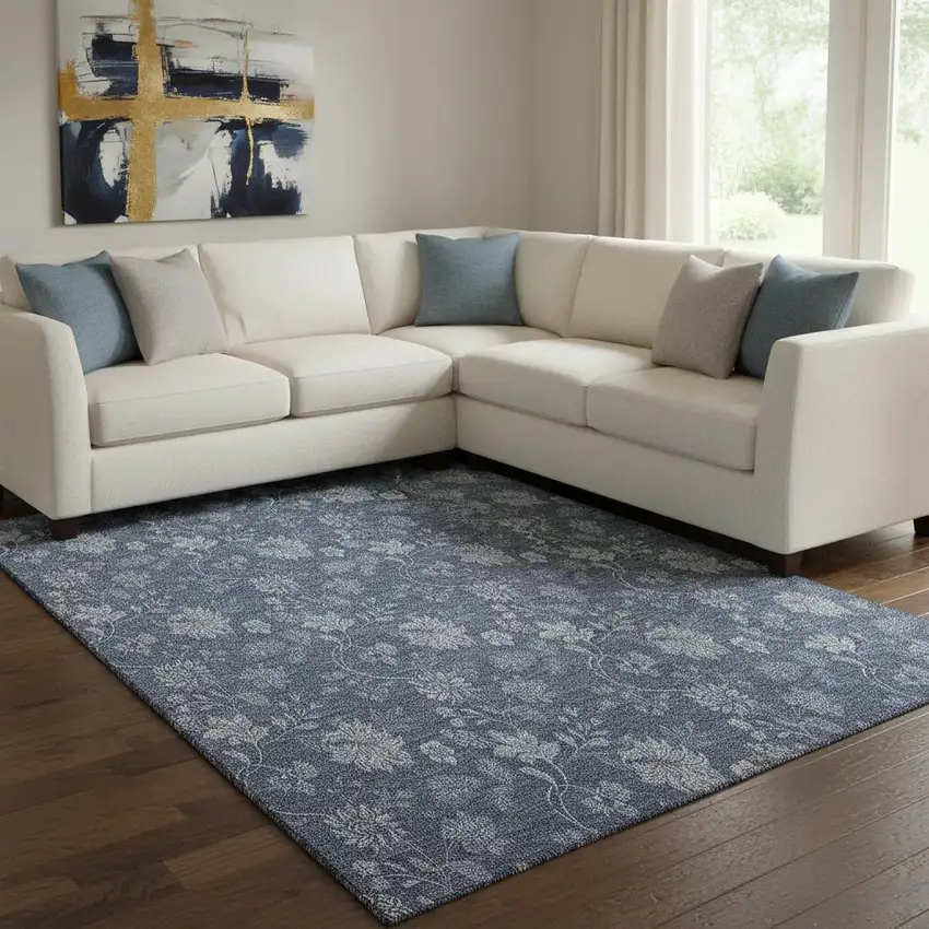 Blue And Ivory Floral Washable Area Rug With UV Protection Photo 1
