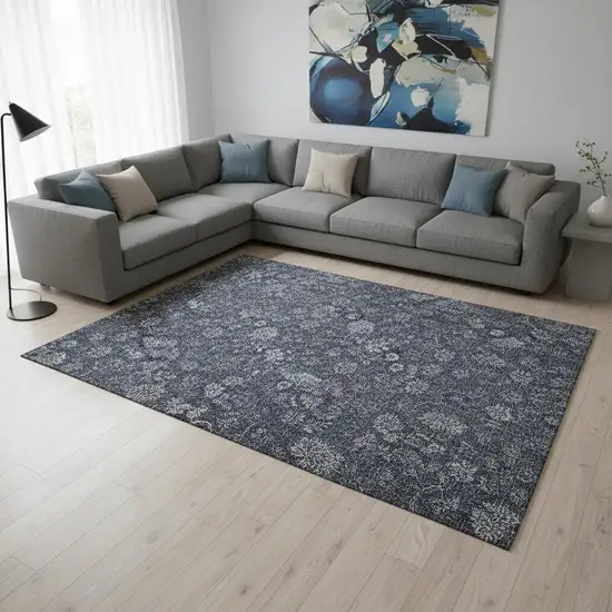 Blue And Ivory Floral Washable Area Rug With UV Protection Photo 2
