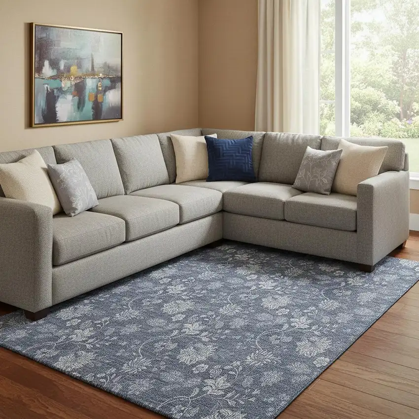 Blue And Ivory Floral Washable Area Rug With UV Protection Photo 1