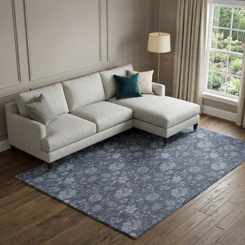 Blue And Ivory Floral Washable Area Rug With UV Protection Photo 1