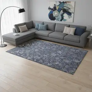 Photo of Blue And Ivory Floral Washable Area Rug With UV Protection