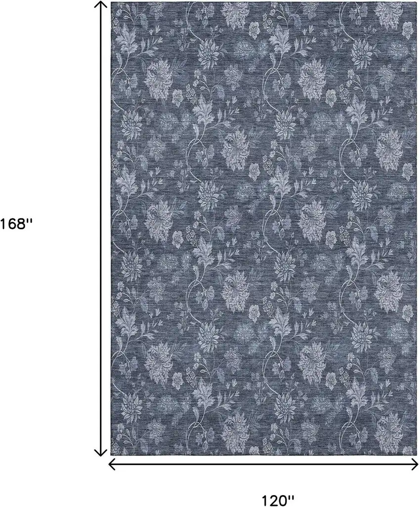 Blue And Ivory Floral Washable Area Rug With UV Protection Photo 4