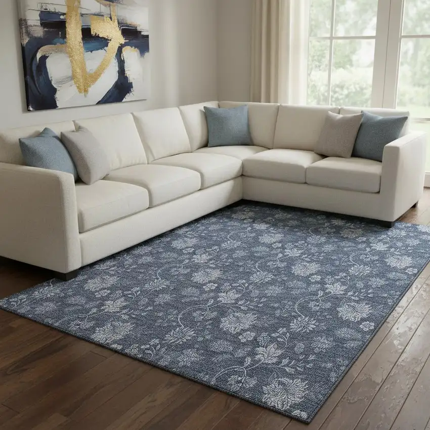 Blue And Ivory Floral Washable Area Rug With UV Protection Photo 1