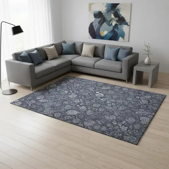 Blue And Ivory Floral Washable Area Rug With UV Protection Photo 3