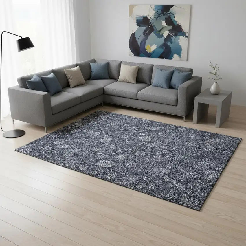 Blue And Ivory Floral Washable Area Rug With UV Protection Photo 3