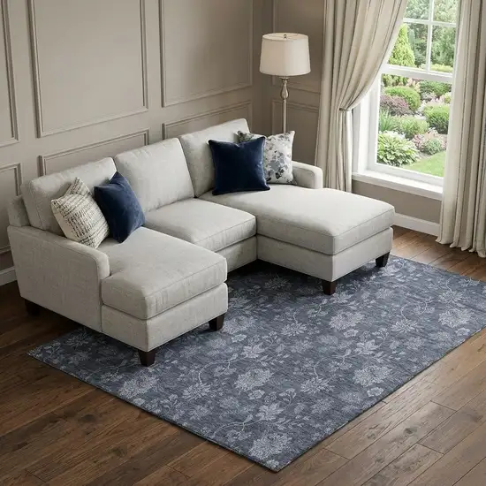 Blue And Ivory Floral Washable Area Rug With UV Protection Photo 1