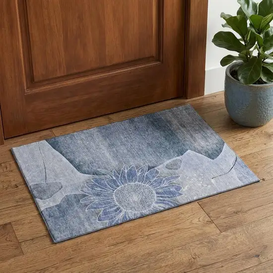 Blue And Ivory Floral Washable Area Rug With UV Protection Photo 1