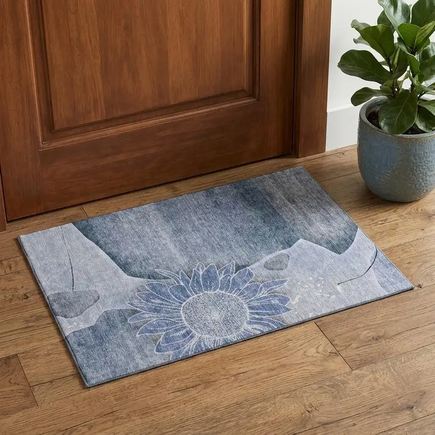 Blue And Ivory Floral Washable Area Rug With UV Protection Photo 1