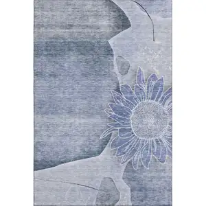 Photo of Blue And Ivory Floral Washable Area Rug With UV Protection
